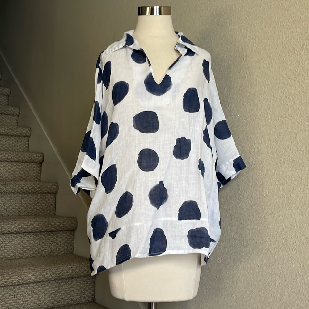 JM Collection Sz S Navy/White Linen Blouse